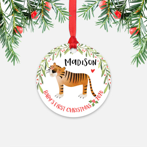 Tiger Jungle Animal Personalized Baby’s First Christmas Ornament for Boy or Girl - Round Aluminum - Red ribbon