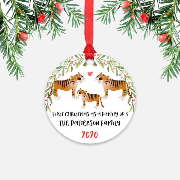 Tiger Animal First Christmas as a Family of 3 Personalized Ornament for New Baby Girl Boy - Round Aluminum - Red ribbon