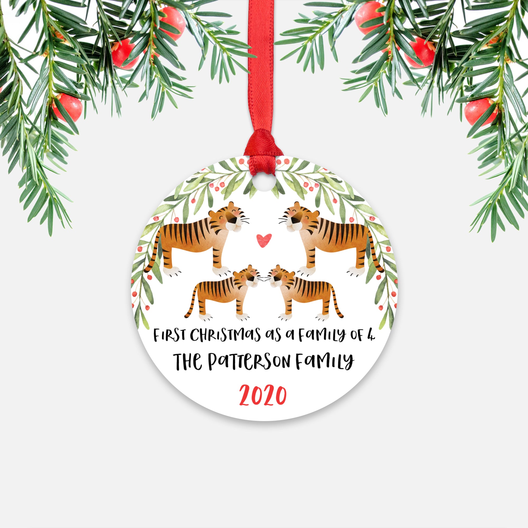 Tiger Animal First Christmas as a Family of 4 Personalized Ornament for New Baby Girl Boy - Round Aluminum - Red ribbon
