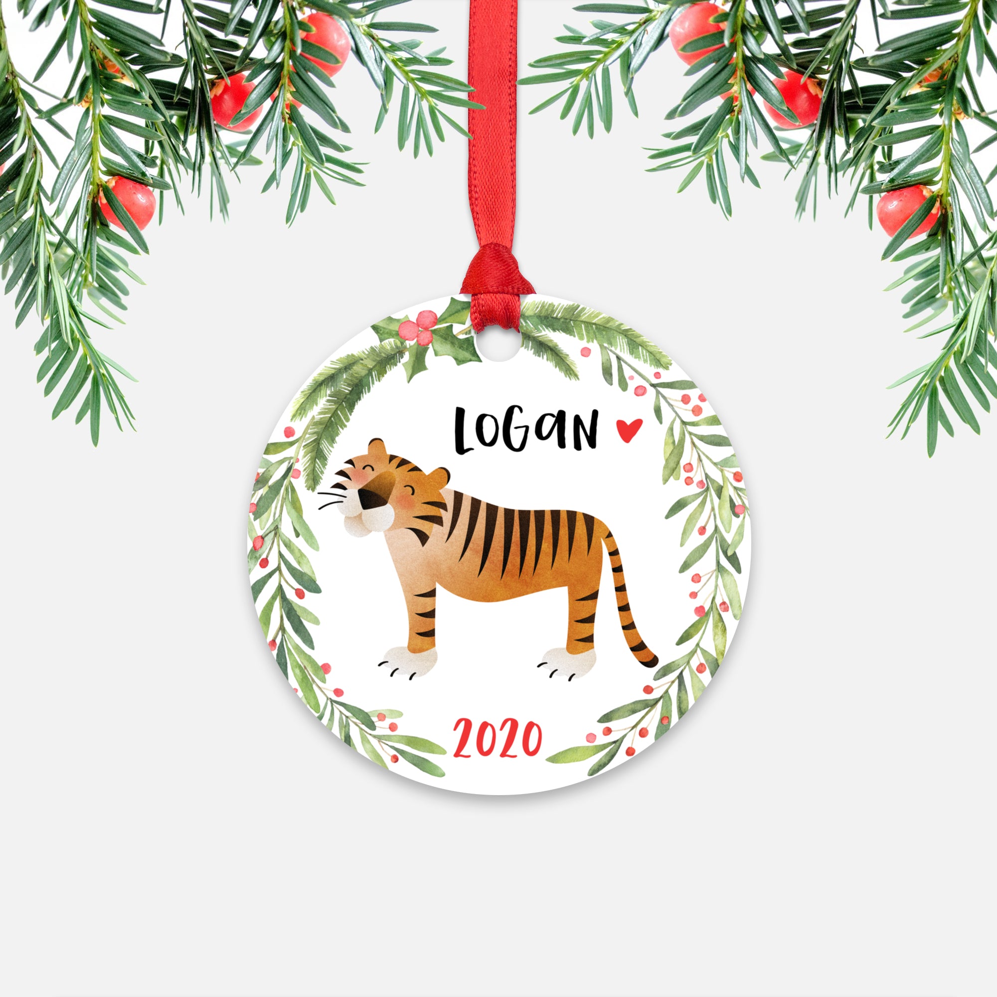 Tiger Jungle Animal Personalized Kids Name Christmas Ornament for Boy or Girl - Round Aluminum - Red ribbon