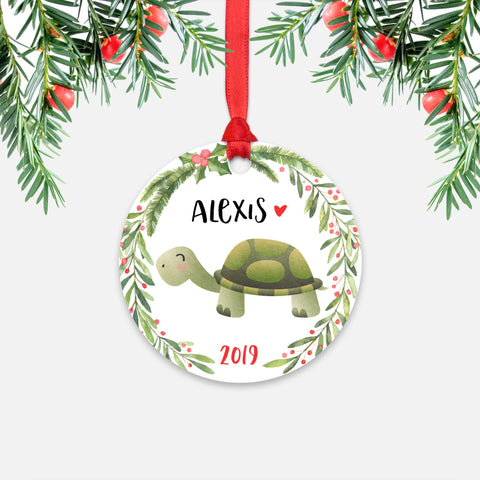 Turtle Tortoise Animal Personalized Kids Name Christmas Ornament for Boy or Girl - Round Aluminum - Red ribbon