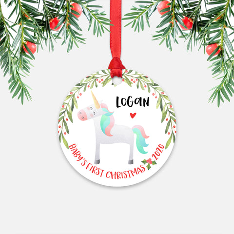Unicorn Animal Personalized Baby’s First Christmas Ornament for Boy or Girl - Round Aluminum - Red ribbon