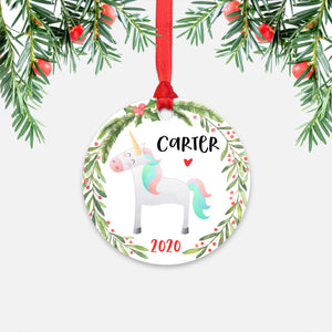 Unicorn Animal Personalized Kids Name Christmas Ornament for Boy or Girl - Round Aluminum - Red ribbon