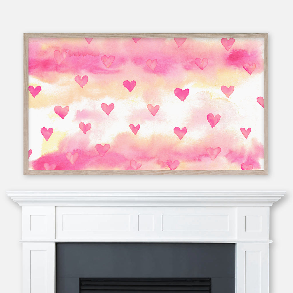 Valentine’s Day Samsung Frame TV Art 4K - Heart Pattern on Watercolor Washes - Pink Peach Yellow - Digital Download