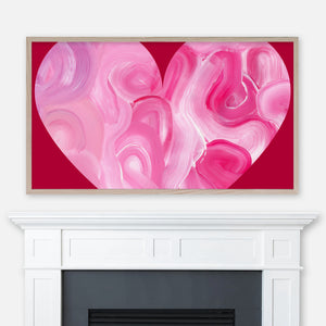 Valentine’s Day Samsung Frame TV Art 4K - Large Painted Heart Close-Up - Pink Abstract Swirl Waves on Red Background - Digital Download
