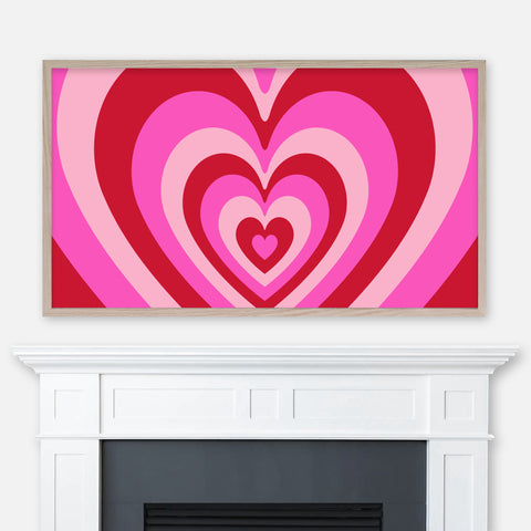 Valentine’s Day Samsung Frame TV Art 4K - Retro Groovy Concentric Heart Pattern - Hot Pink Blush and Red - Digital Download