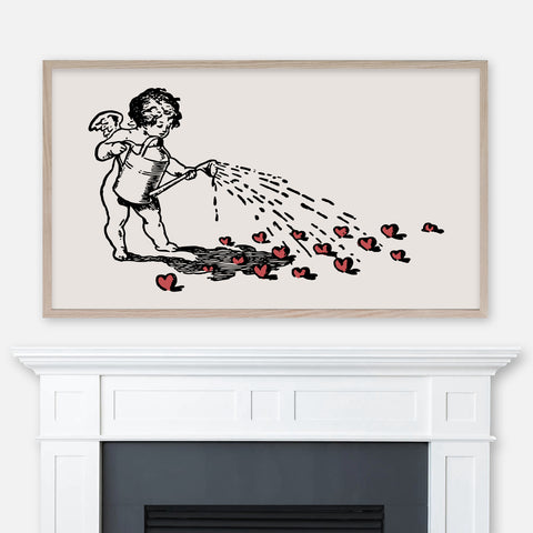 Valentine’s Day Samsung Frame TV Art 4K - Vintage Drawing of Cupid Growing & Watering Red Hearts - Digital Download