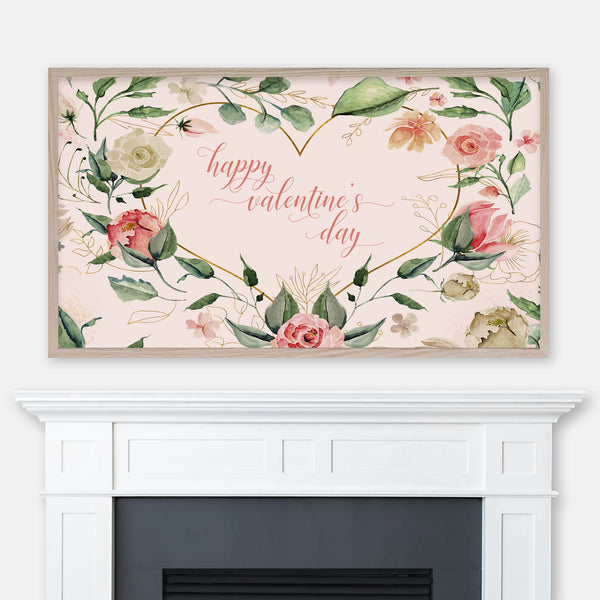 Happy Valentine’s Day Samsung Frame TV Art 4K - Watercolor Floral Wreath & Heart on Blush Pink Background - Digital Download