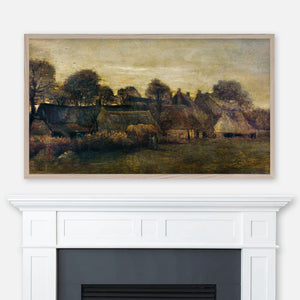 Painting Farming Village at Twilight by Vincent Van Gogh displayed full screen in Samsung Frame TV above fireplace