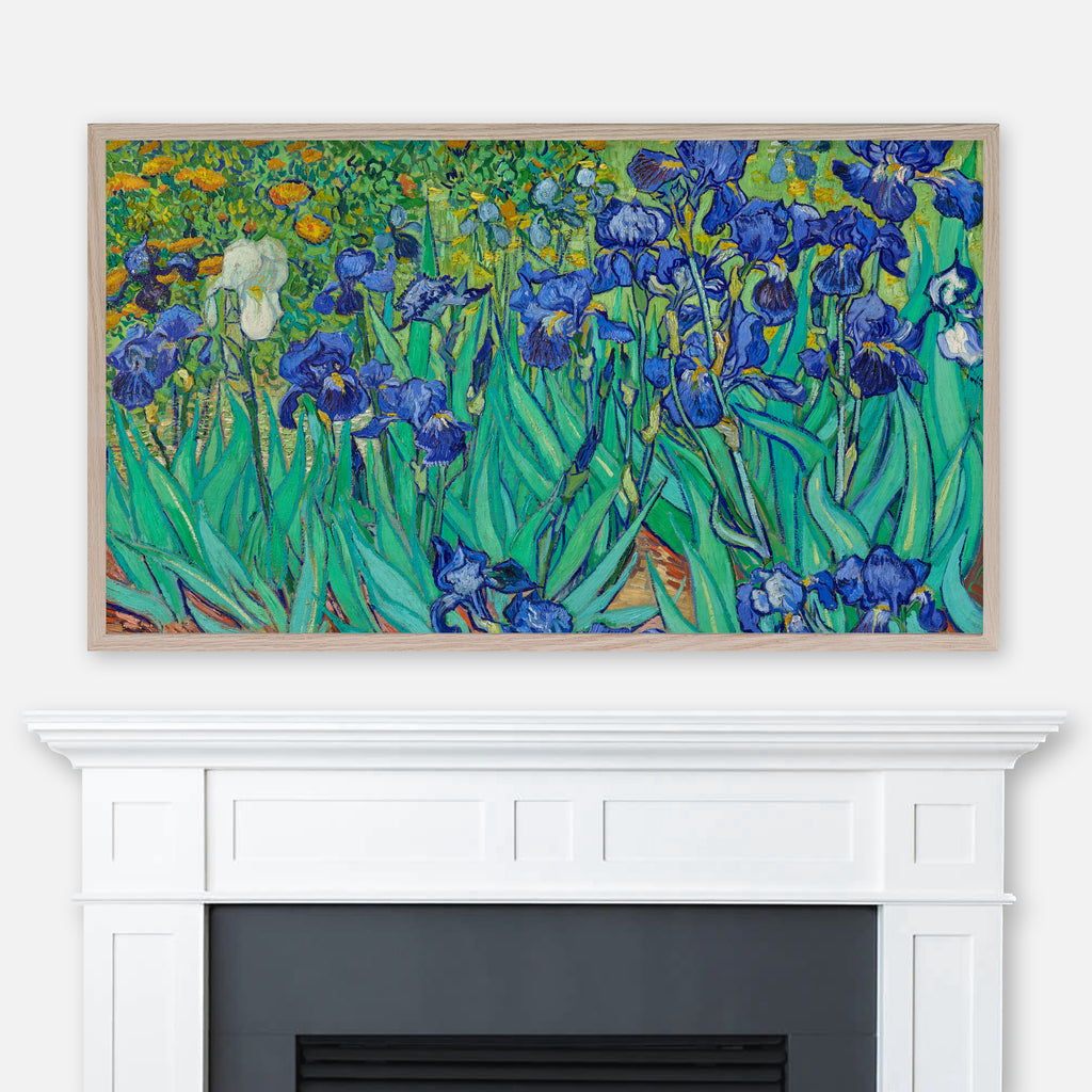 Blue Irises Flowers painting by Vincent Van Gogh displayed full screen in Samsung Frame TV above fireplace