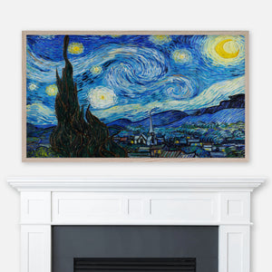 The Starry Night painting by Vincent Van Gogh displayed full screen in Samsung Frame TV above fireplace
