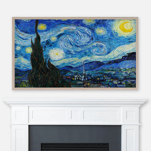 The Starry Night painting by Vincent Van Gogh displayed full screen in Samsung Frame TV above fireplace