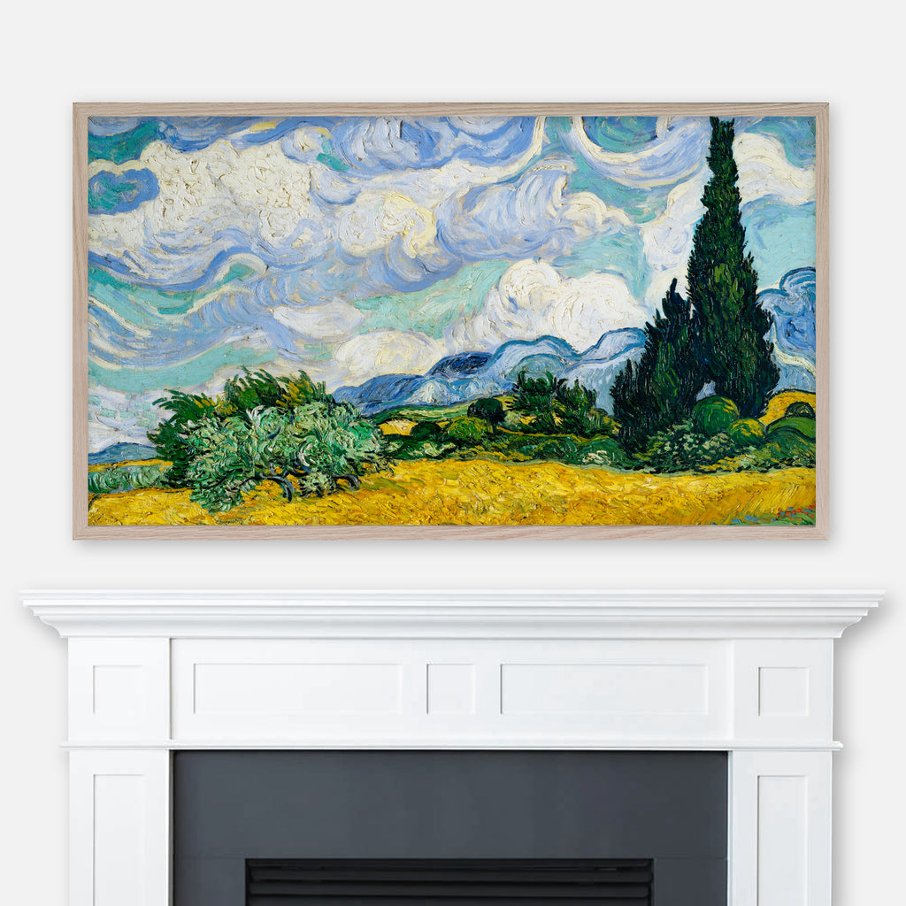 Painting Wheat Field with Cypresses by Vincent Van Gogh displayed full screen in Samsung Frame TV above fireplace