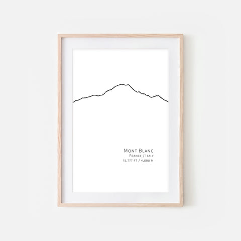 Mont Blanc Mountain Wall Art - France Italy Alps Alpine Decor - Black and White Minimalist Line Drawing - Downloadable Print