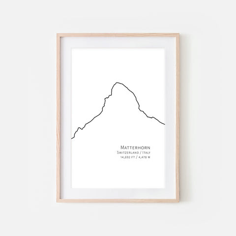 Matterhorn Switzerland Italy Mountain Wall Art - Black and White Line Drawing - Print, Poster or Printable Download
