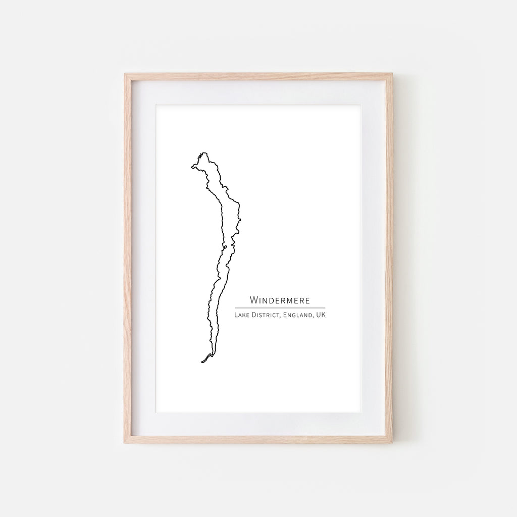 Windermere Lake District England UK Europe Wall Art - Minimalist Map - Lake House Decor - Black and White Print, Poster or Printable Download
