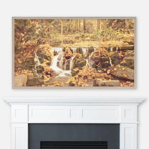 Watercolor painting of a small waterfall with autumn foliage displayed in Samsung Frame TV above fireplace