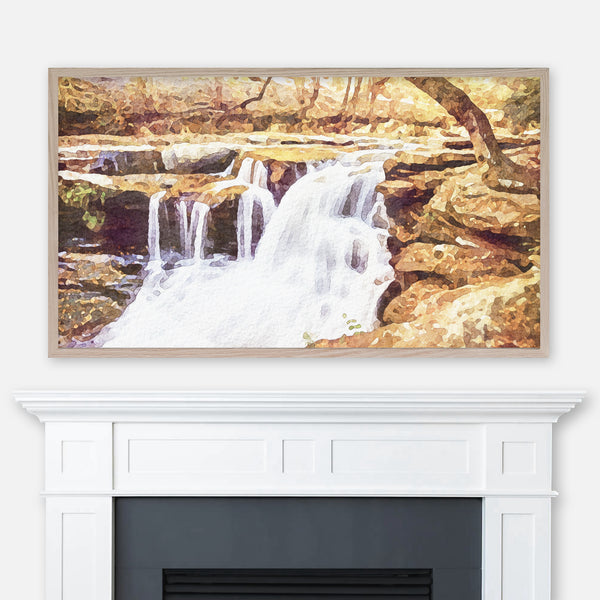 Watercolor painting of a waterfall in the forest in autumn displayed in Samsung Frame TV above fireplace