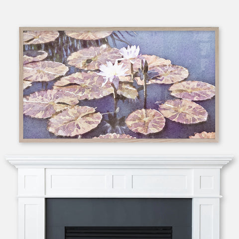 Watercolor water lily flowers painting displayed full screen in Samsung Frame TV above fireplace