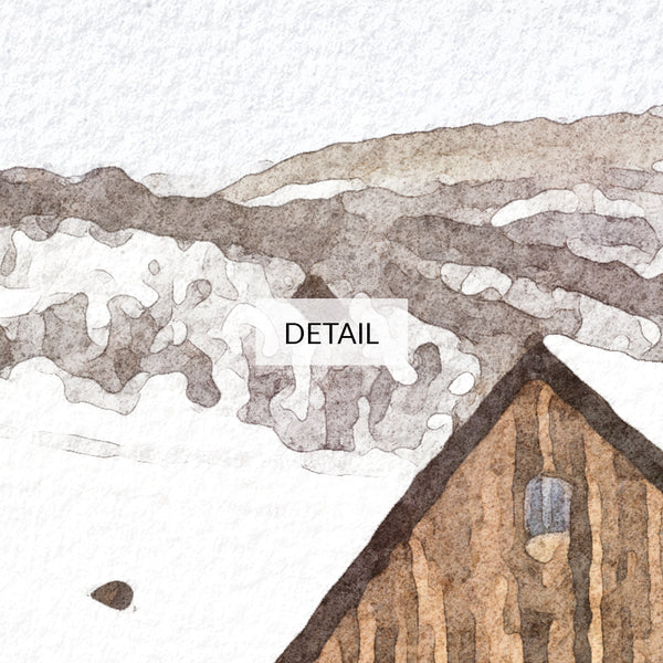 Winter Watercolor Landscape Painting - Snowy Wooden Mountain Cabins - Samsung Frame TV Art - Digital Download - Rustic Farmhouse Holiday Decor
