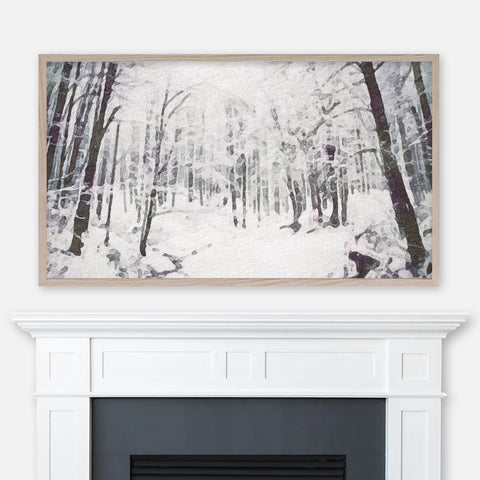 Watercolor winter landscape painting of snowy trees in a forest displayed in Samsung Frame TV above fireplace