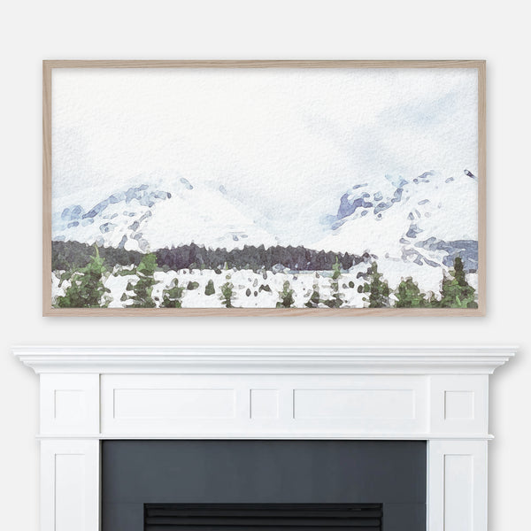 Watercolor winter landscape painting of snowy mountains and pine trees displayed in Samsung Frame TV above fireplace