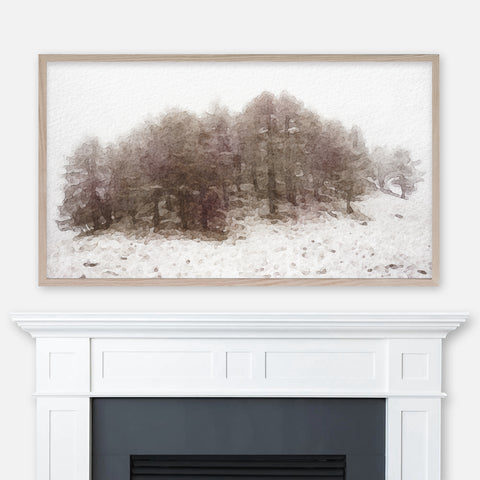 Watercolor winter landscape painting of a grove of brown leafless trees in snow displayed in Samsung Frame TV above fireplace