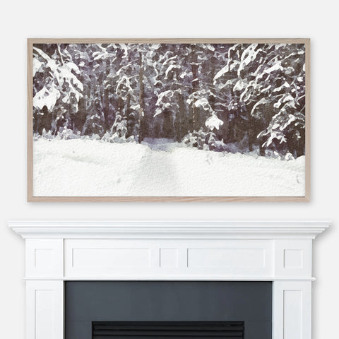 Watercolor winter landscape painting of a snowy path in a pine tree forest displayed in Samsung Frame TV above fireplace