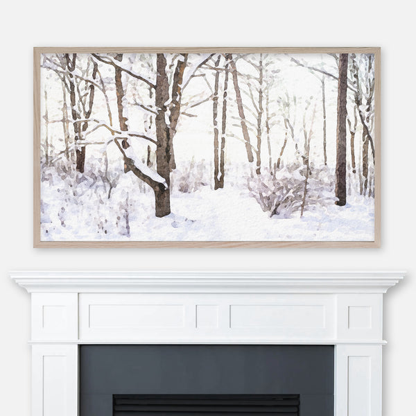 Watercolor winter landscape painting of snowy leafless trees on a bright day displayed in Samsung Frame TV above fireplace