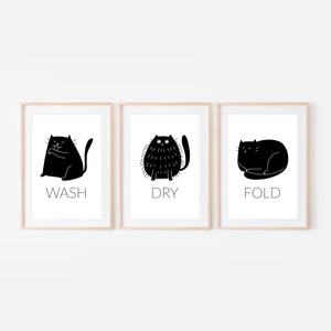 Set of 3 Black Cat Wall Art - Wash Dry Fold Signs - Funny Laundry Room Decor - Print, Poster or Printable Download
