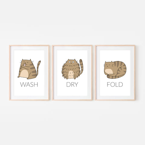 Set of 3 Brown Tabby Cat Wall Art - Wash Dry Fold Signs - Funny Laundry Room Decor - Print, Poster or Printable Download