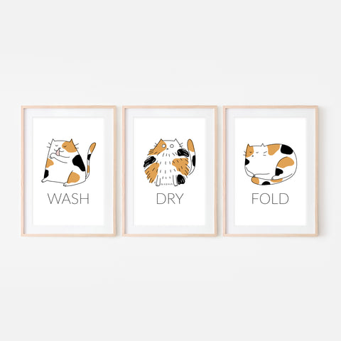 Set of 3 Calico Cat Wall Art - Wash Dry Fold Signs - Funny Laundry Room Decor - Print, Poster or Printable Download