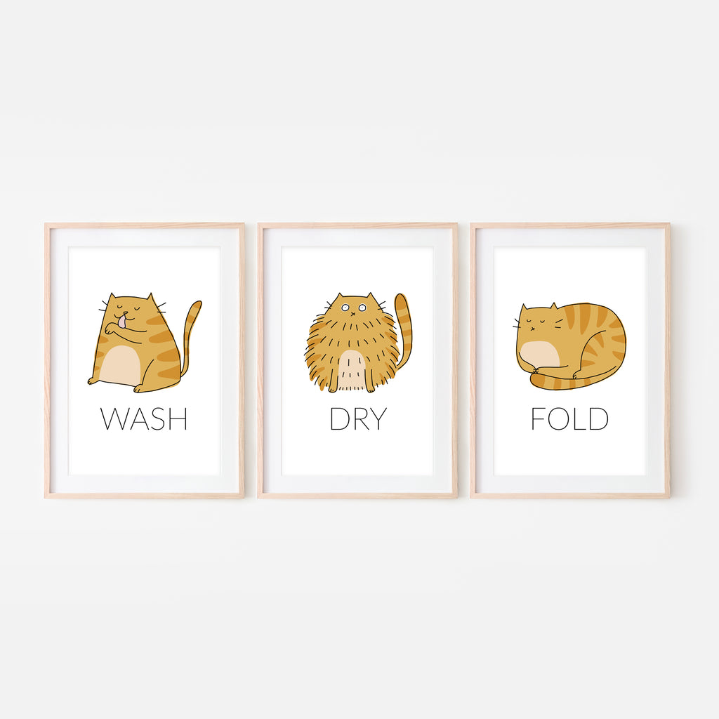 Set of 3 Orange Tabby Cat Wall Art - Wash Dry Fold Signs - Funny Laundry Room Decor - Print, Poster or Printable Download