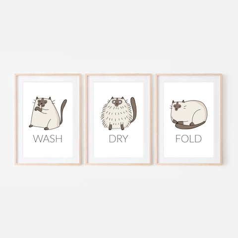 Set of 3 Siamese Cat Wall Art - Wash Dry Fold Signs - Funny Laundry Room Decor - Print, Poster or Printable Download