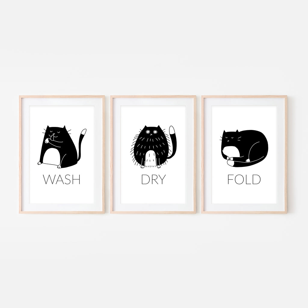 Set of 3 Tuxedo Cat Wall Art - Wash Dry Fold Signs - Funny Laundry Room Decor - Print, Poster or Printable Download