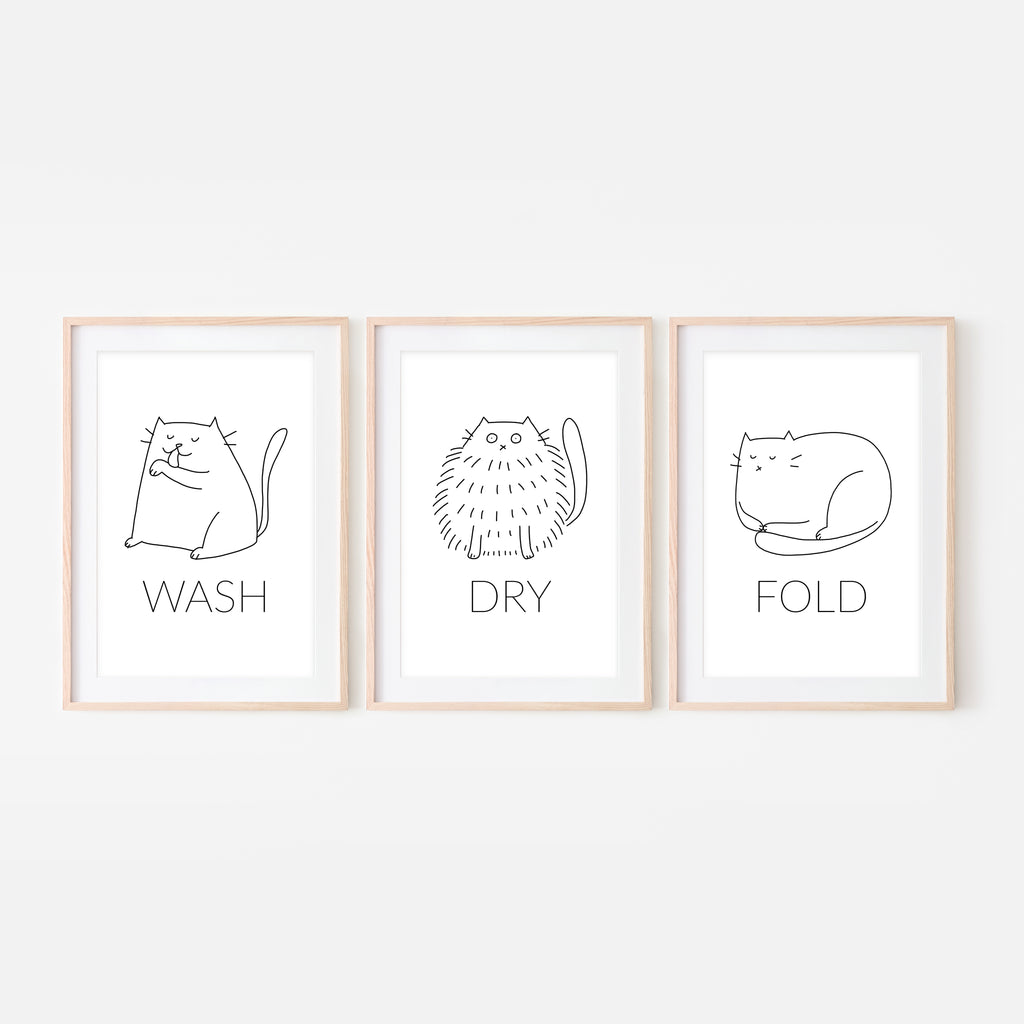 Set of 3 White Cat Wall Art - Wash Dry Fold Signs - Funny Laundry Room Decor - Print, Poster or Printable Download