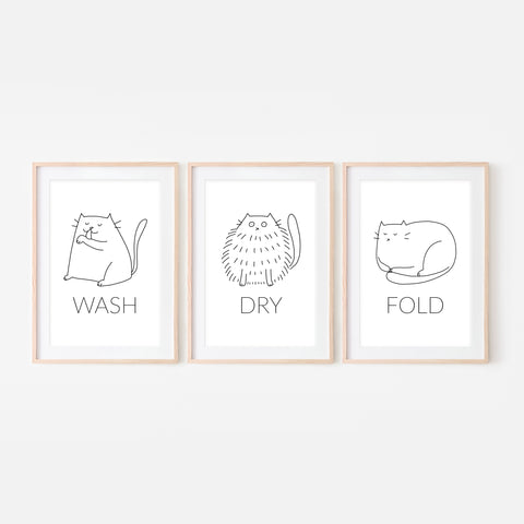 Set of 3 White Cat Wall Art - Wash Dry Fold Signs - Funny Laundry Room Decor - Print, Poster or Printable Download