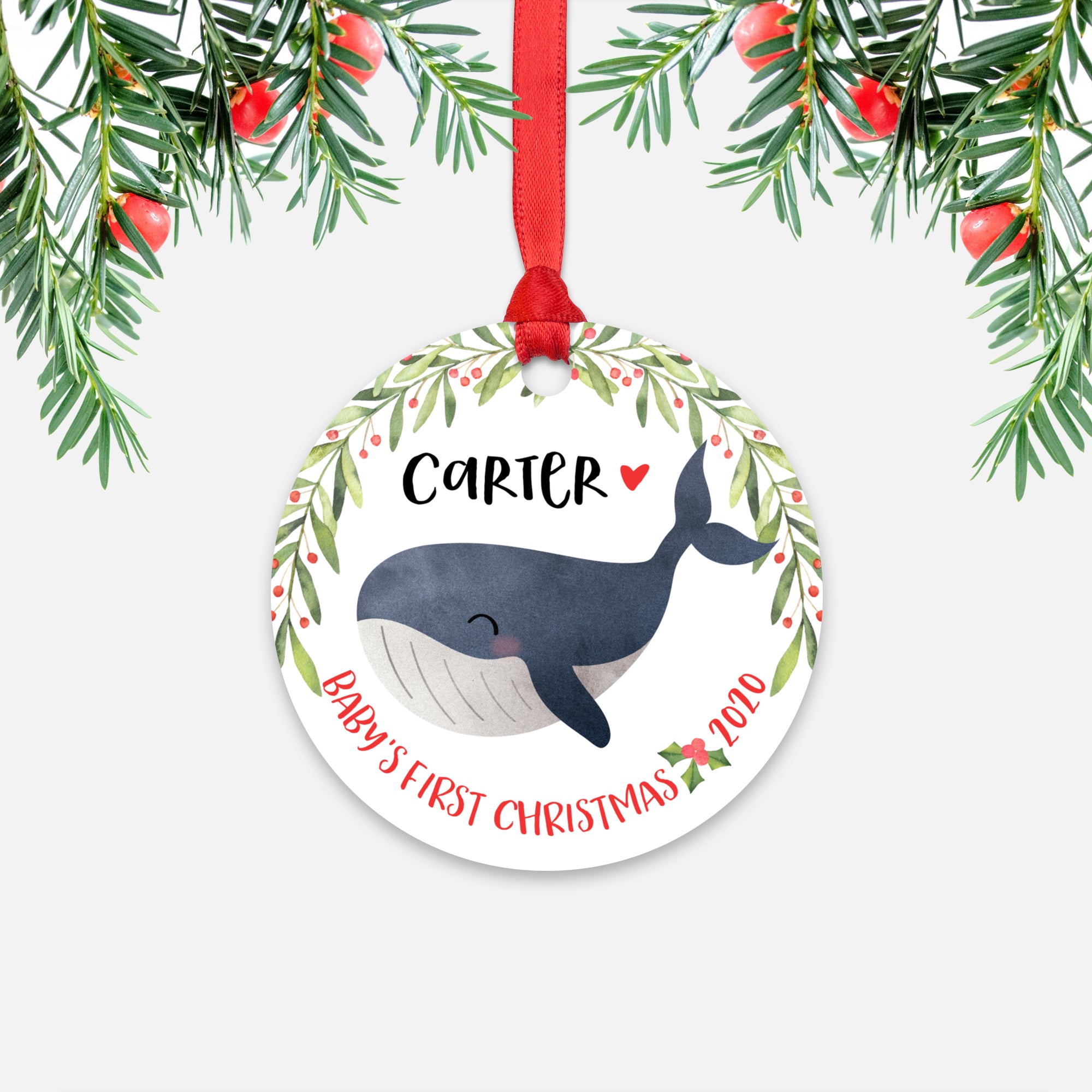 Whale Sea Ocean Animal Personalized Baby’s First Christmas Ornament for Boy or Girl - Round Aluminum - Red ribbon