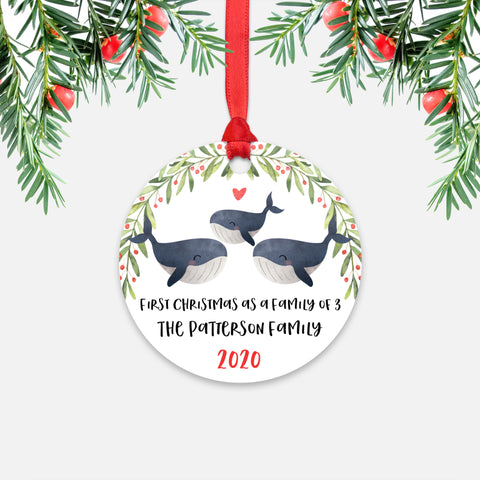 Whale Animal First Christmas as a Family of 3 Personalized Ornament for New Baby Girl Boy - Round Aluminum - Red ribbon