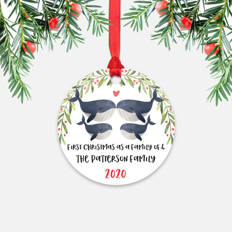 Whale Animal First Christmas as a Family of 4 Personalized Ornament for New Baby Girl Boy - Round Aluminum - Red ribbon