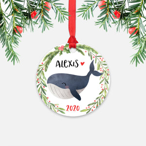 Whale Sea Ocean Animal Personalized Kids Name Christmas Ornament for Boy or Girl - Round Aluminum - Red ribbon