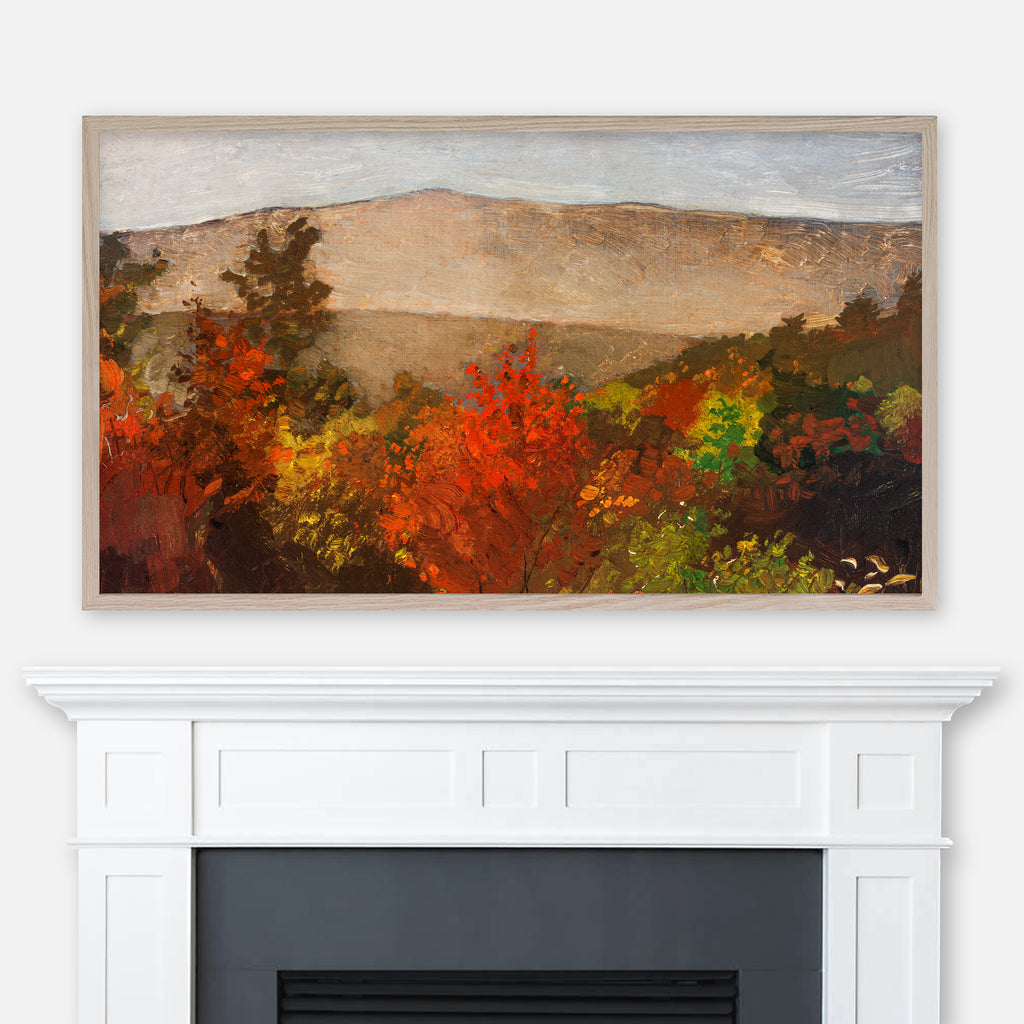Winslow Homer's Autumn Treetops painting displayed in Samsung Frame TV above fireplace