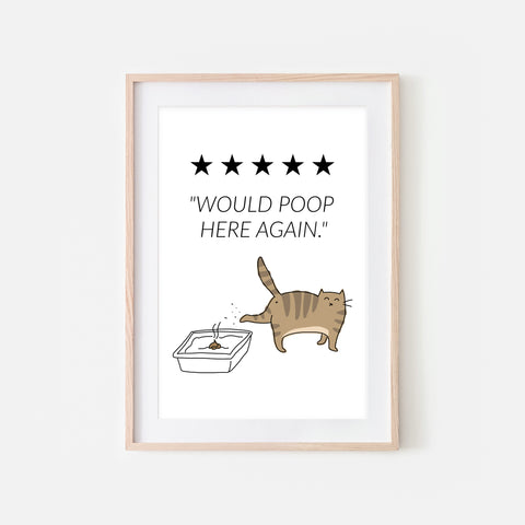 Would Poop Here Again Sign - Brown Tabby Cat Wall Art - Funny Bathroom Restroom Decor - Printable Downloadable Print