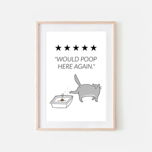 Would Poop Here Again Sign - Gray Cat Wall Art - Funny Bathroom Restroom Decor - Printable Downloadable Print