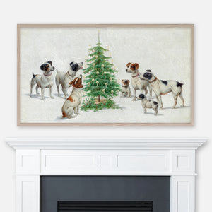 Holiday Samsung Frame TV Art 4K - Cute Dogs and Puppies Around Christmas Tree - Vintage Painting by Carl Reichert - Digital Download