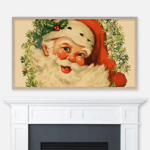 Christmas Samsung Frame TV Art 4K - Vintage Retro Smiling Santa Claus Face & Wreath - Digital Download