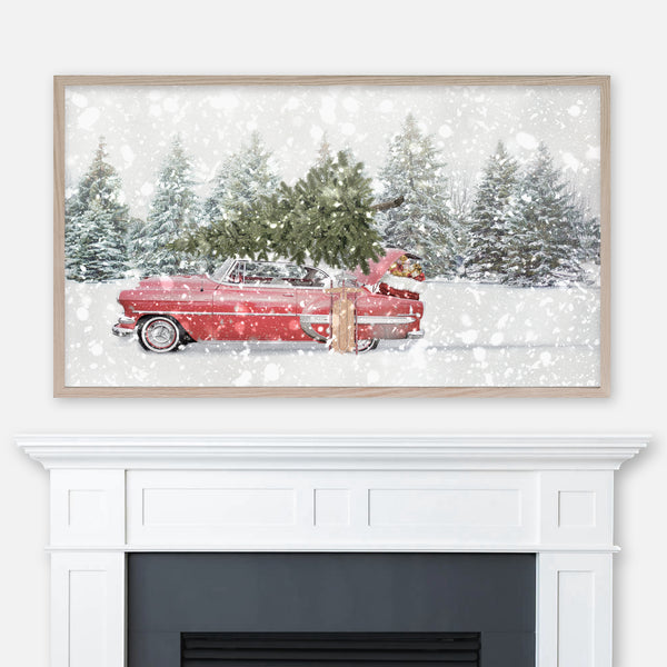 Christmas Samsung Frame TV Art 4K - Red Vintage Car With Tree on Rooftop, Gifts in Trunk & Sled, in Snowy Landscape - Digital Download