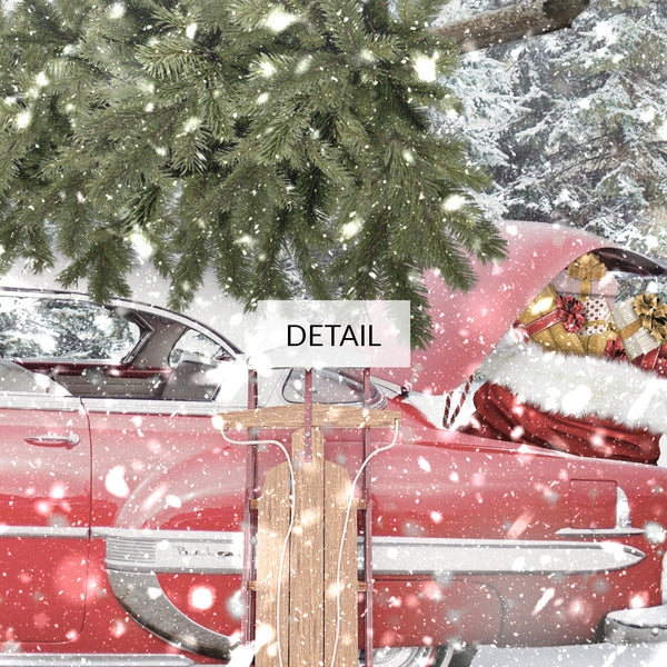 Christmas Samsung Frame TV Art 4K - Red Vintage Car With Tree on Rooftop, Gifts in Trunk & Sled, in Snowy Landscape - Digital Download