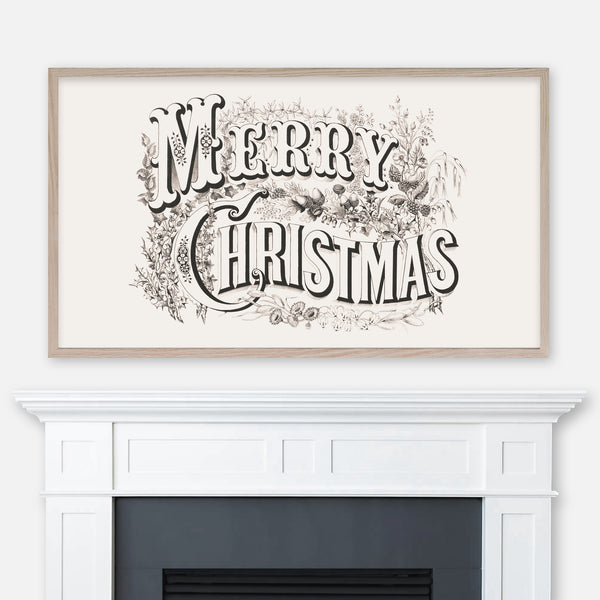 Merry Christmas Samsung Frame TV Art 4K - Typography & Botanical Wreath Vintage Lithograph by Currier & Ives - Digital Download