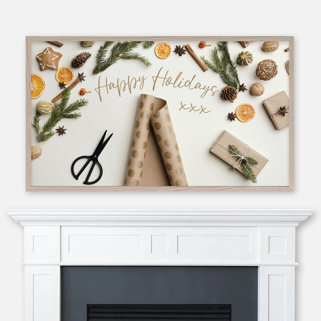 Happy Holidays Samsung Frame TV Art 4K - Typography Christmas Arrangement with Gift Wrapping & Rustic Decorative Elements - Digital Download